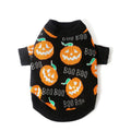 Black dog sweater with orange Halloween pumpkin pattern, shown in multiple sizes