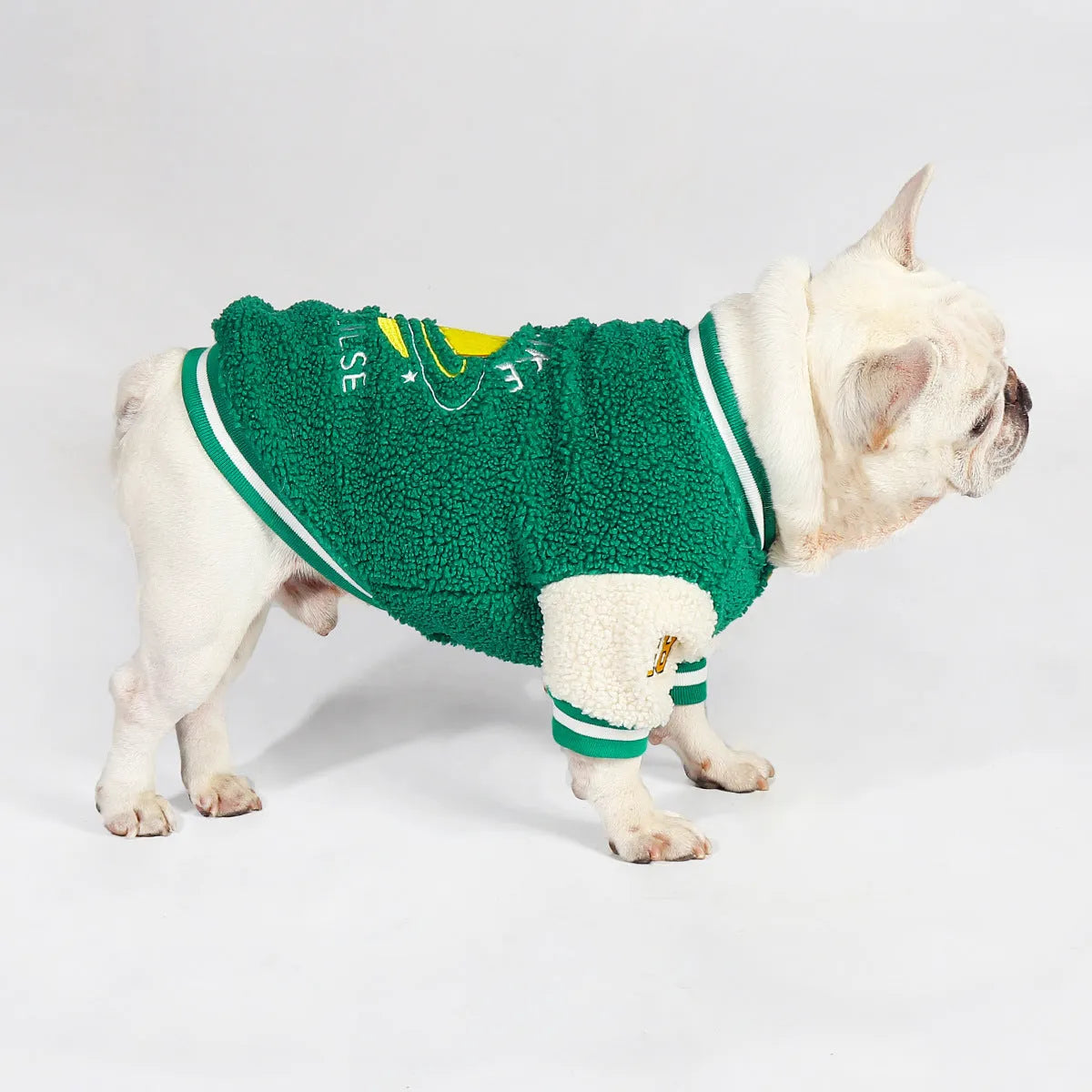 Green fleece-lined cotton dog clothing for winter wear in multiple sizes