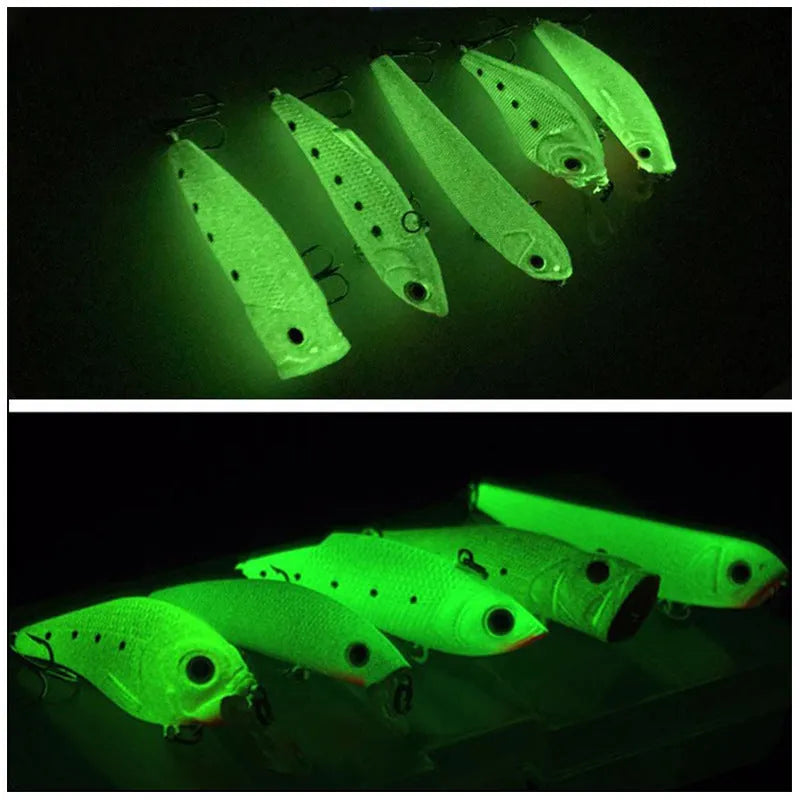 Five 3D fluorescent hard bait fishing lures in mixed colours showing fish-shaped design and treble hooks
