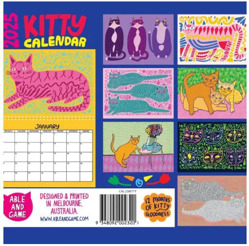 Cat themed wall planner calendar for 2024 or 2025 on a single sheet of paper