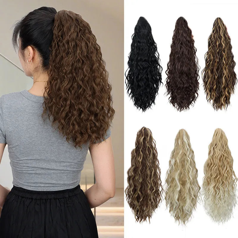 Synthetic water ripple grip corn curler ponytail wig in various colours with hair clip.