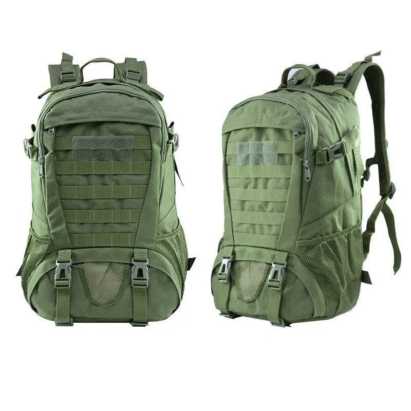 Outdoor mountaineering backpack in Oxford cloth shown in a camouflage colour with air pillow belt system.