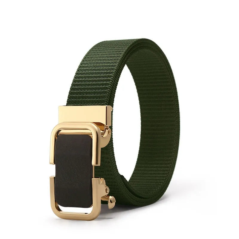 Men's nylon canvas belt with toothless alloy buckle shown in multiple colour options.