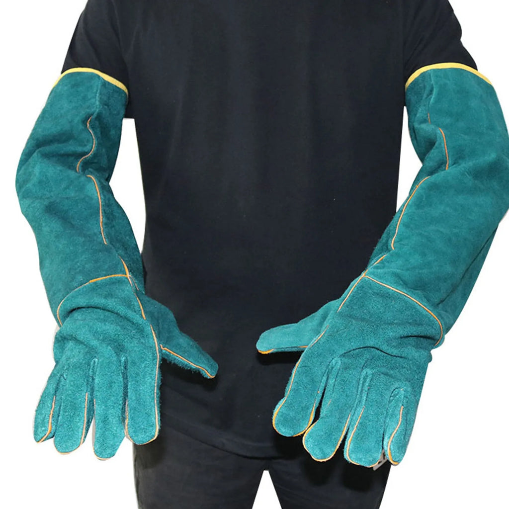 Dark green cowhide leather animal handling gloves with extended sleeve cuffs.