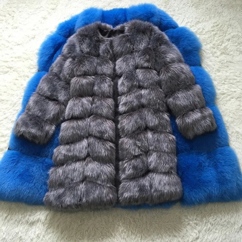 Women's thick black artificial fur coat with regular sleeves and 80cm length