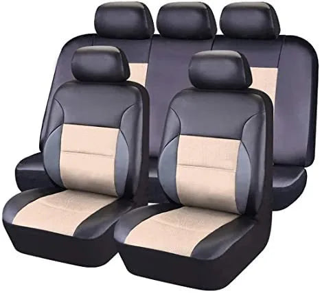 Artificial leather car seat cover set with front seat, backrest, and headrest pieces in multiple colour options