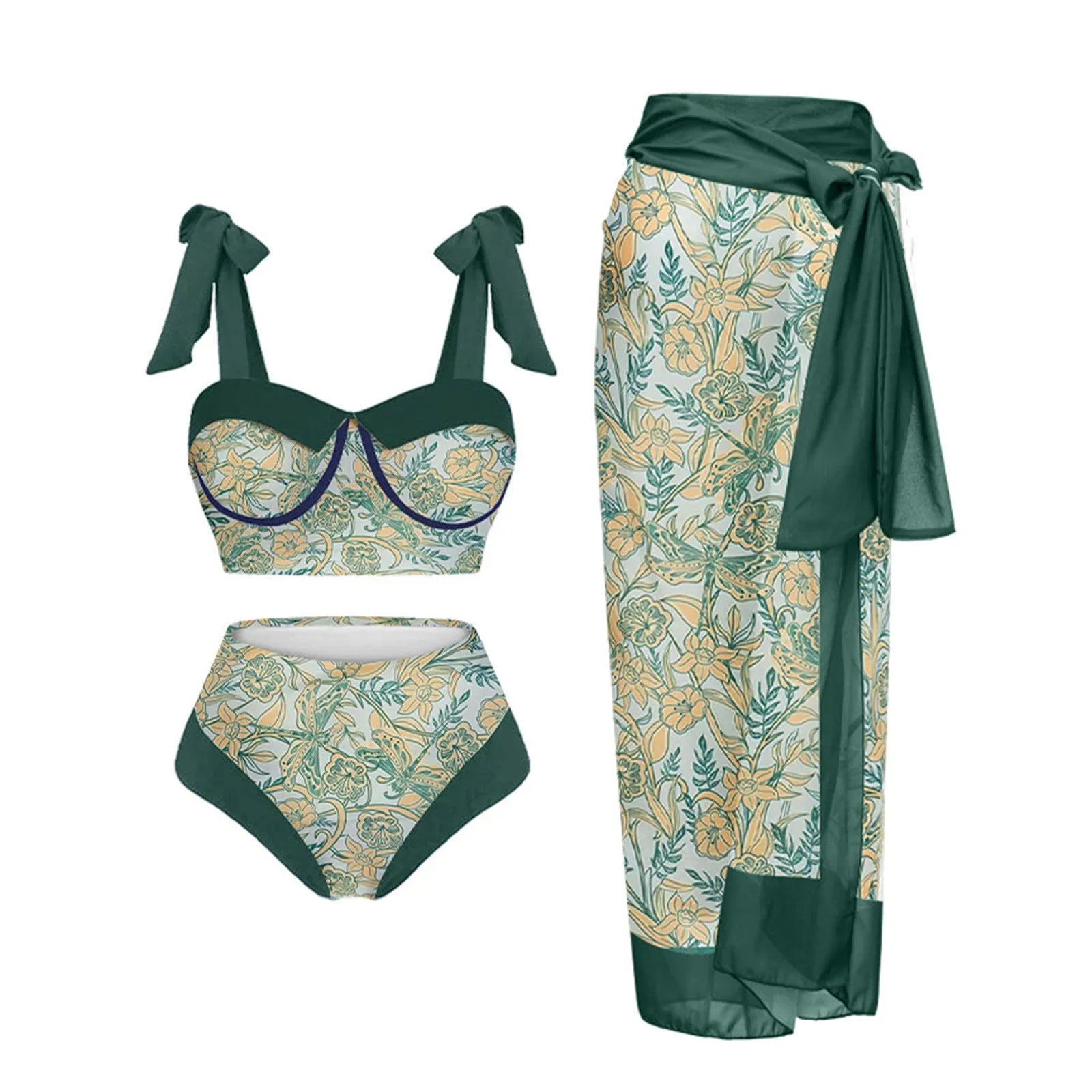Women's printed three-piece swimming costume with bra, skirt and briefs in polyester fabric