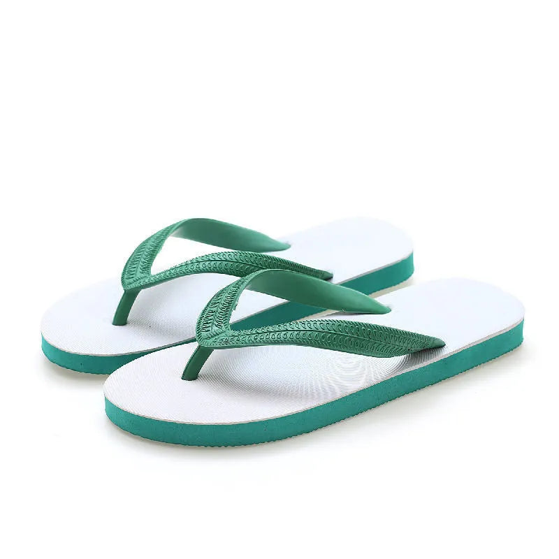 Men's rubber flip-flops in black with a fish logo, showing non-slip sole tread.