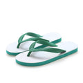 Men's rubber flip-flops in black with a fish logo, showing non-slip sole tread.