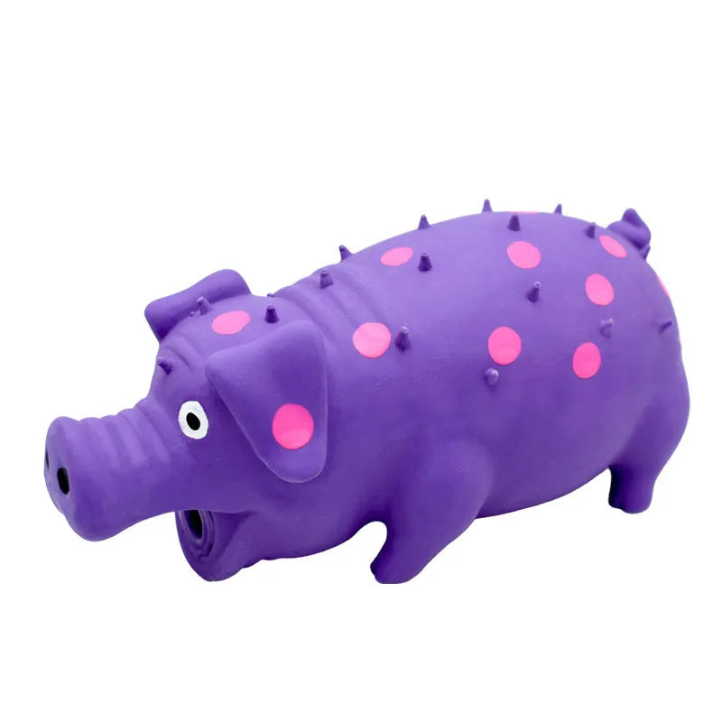 Colourful latex pig dog chew toy with textured surface and squeaker for aggressive chewers