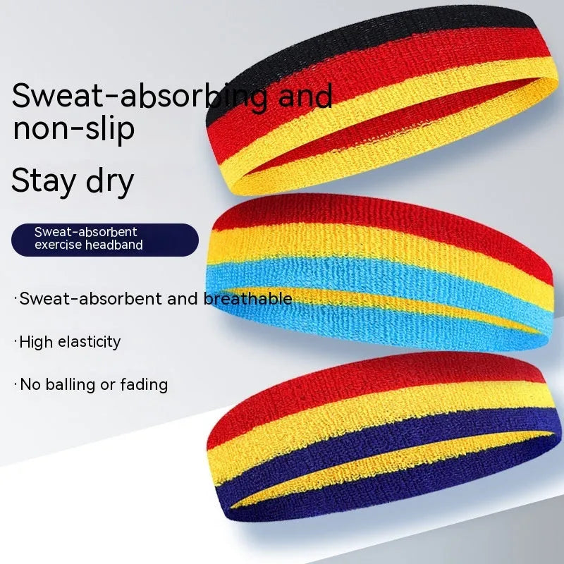 Colourful sports headband for adults in red, yellow, and blue colour combination.