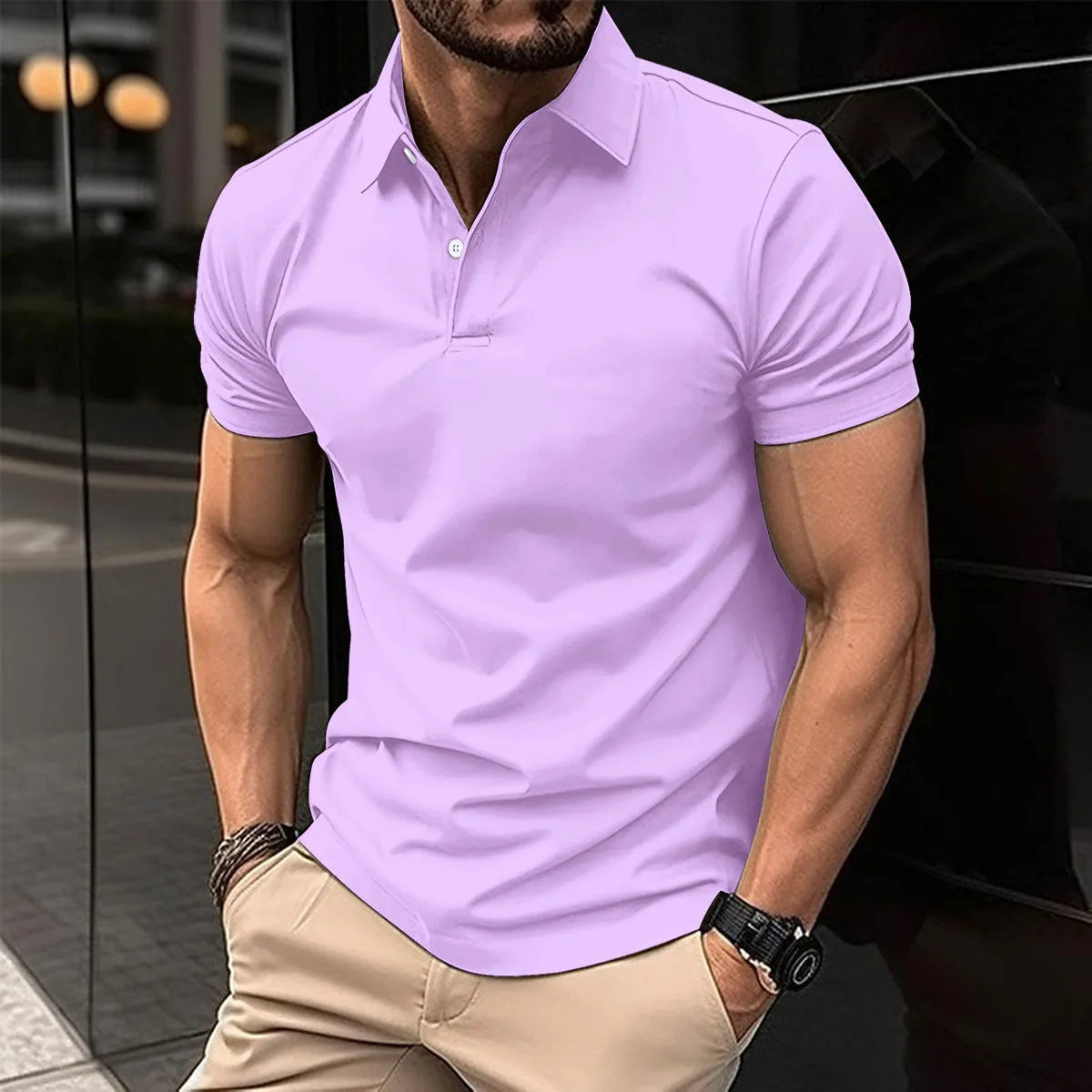 Men's solid colour short sleeve polo shirt with buttoned lapel collar on a hanger.