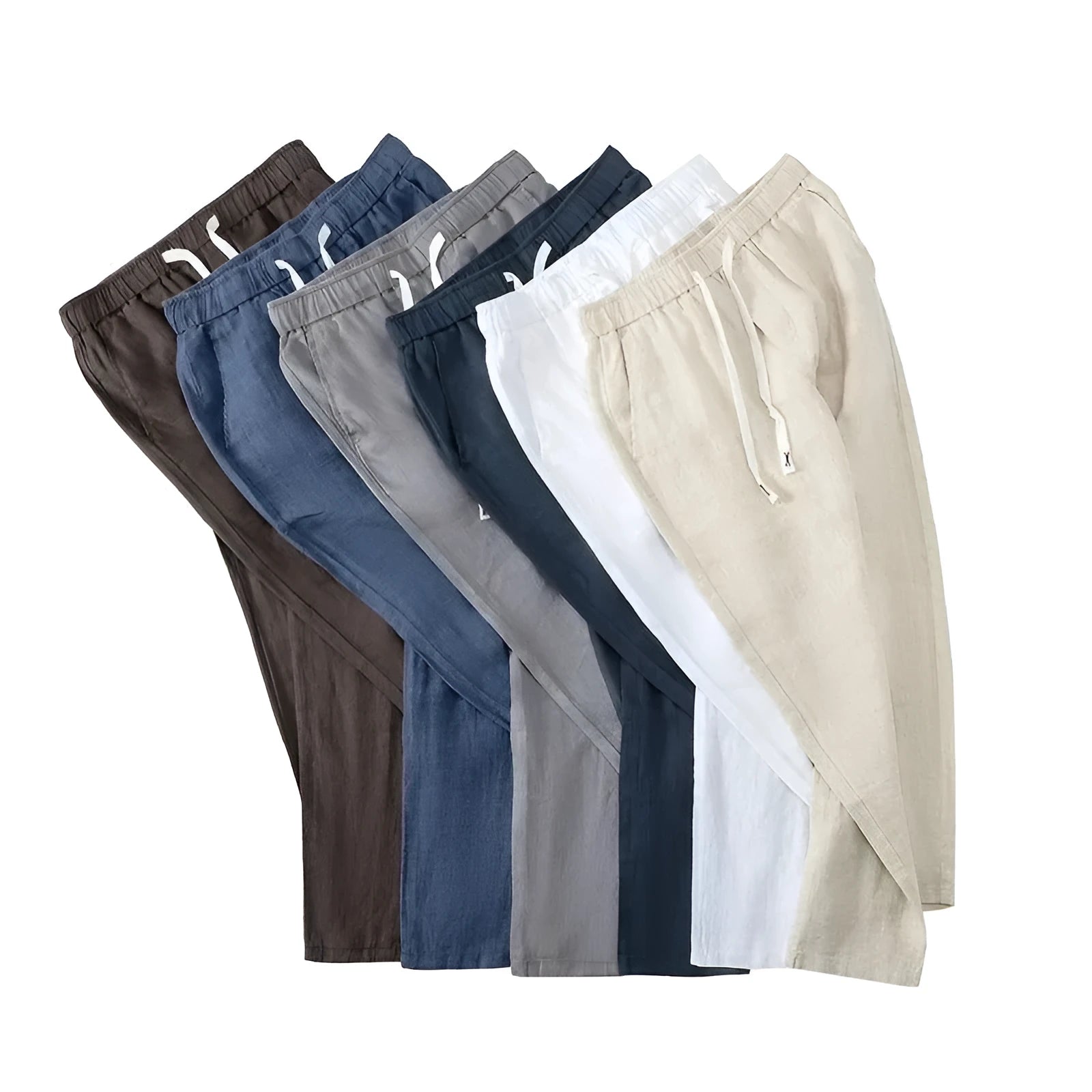 Pure linen blend Chinese style straight leg trousers with elastic drawstring waist in neutral colours