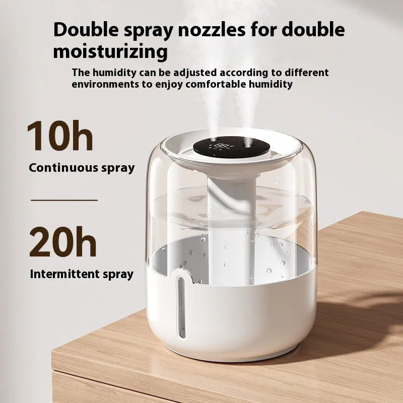 Beige round USB humidifier with dual spray nozzles, humidity display, and gear controls