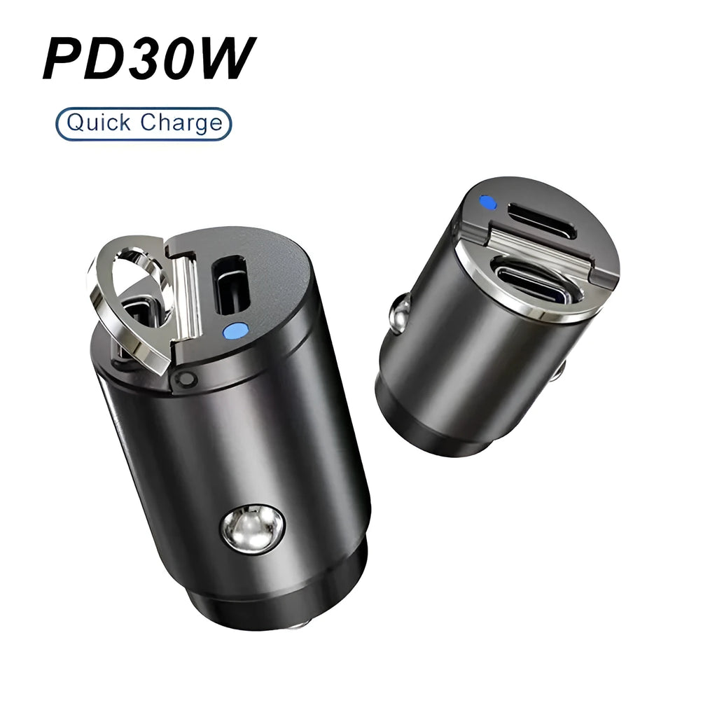 Mini 30W car cigarette lighter charger with zinc alloy construction measuring 45mm length