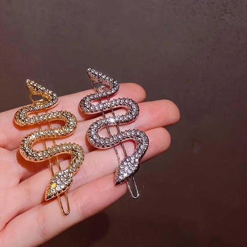 Korean vintage snake hair barrette with rhinestone detailing in gold electroplated alloy