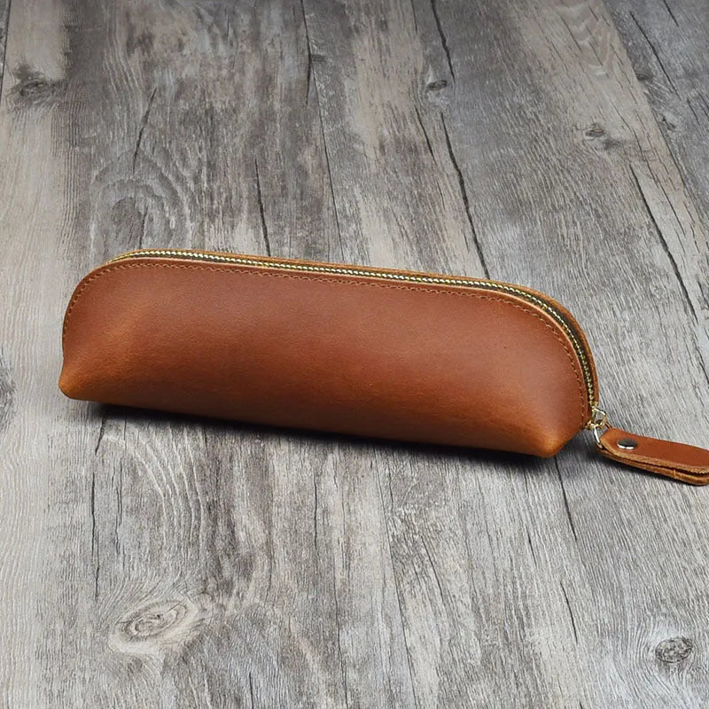 Handmade cowhide leather pencil case with zipper in square 18cm design