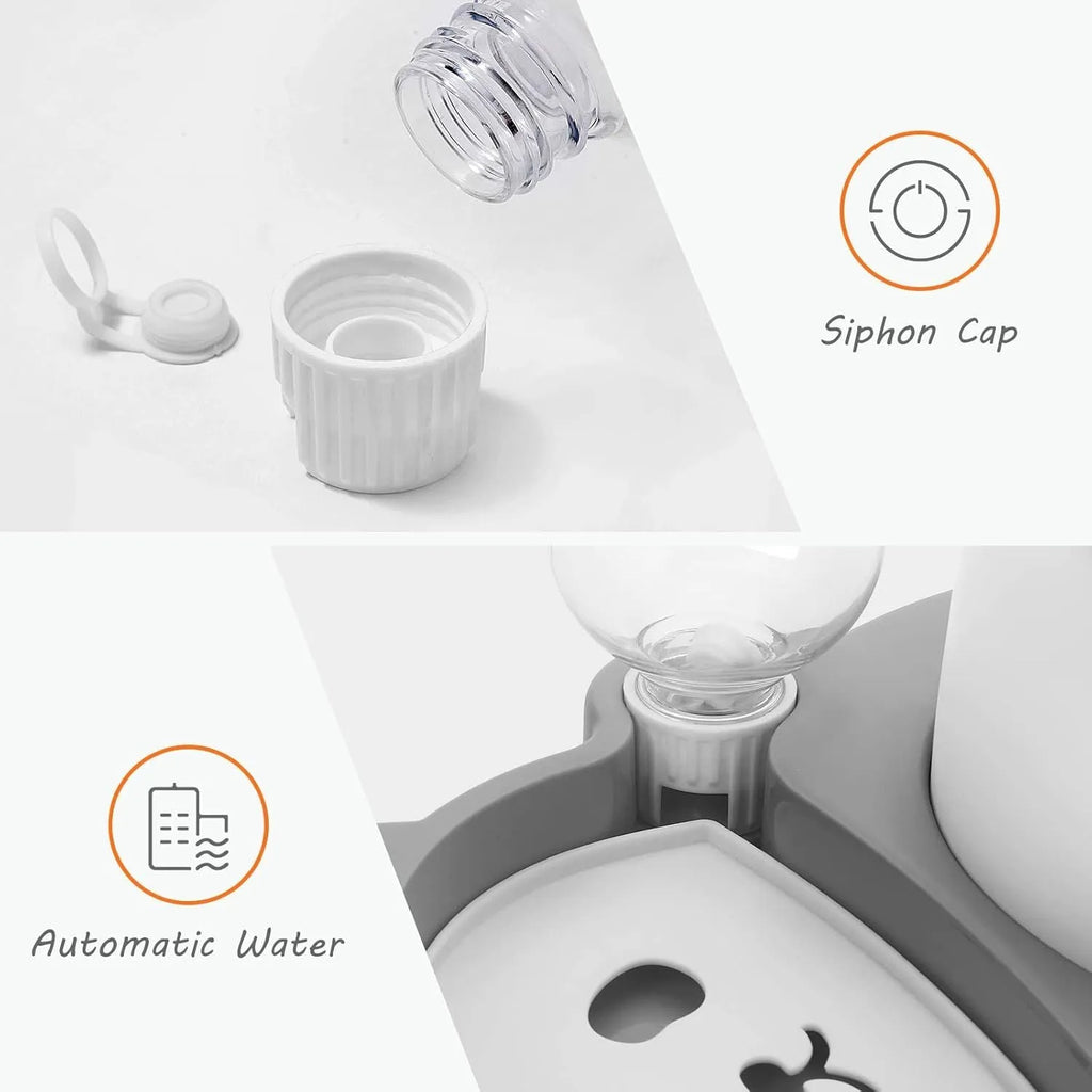 Grey panda-shaped automatic pet water dispenser and tilted food bowl set on a table.