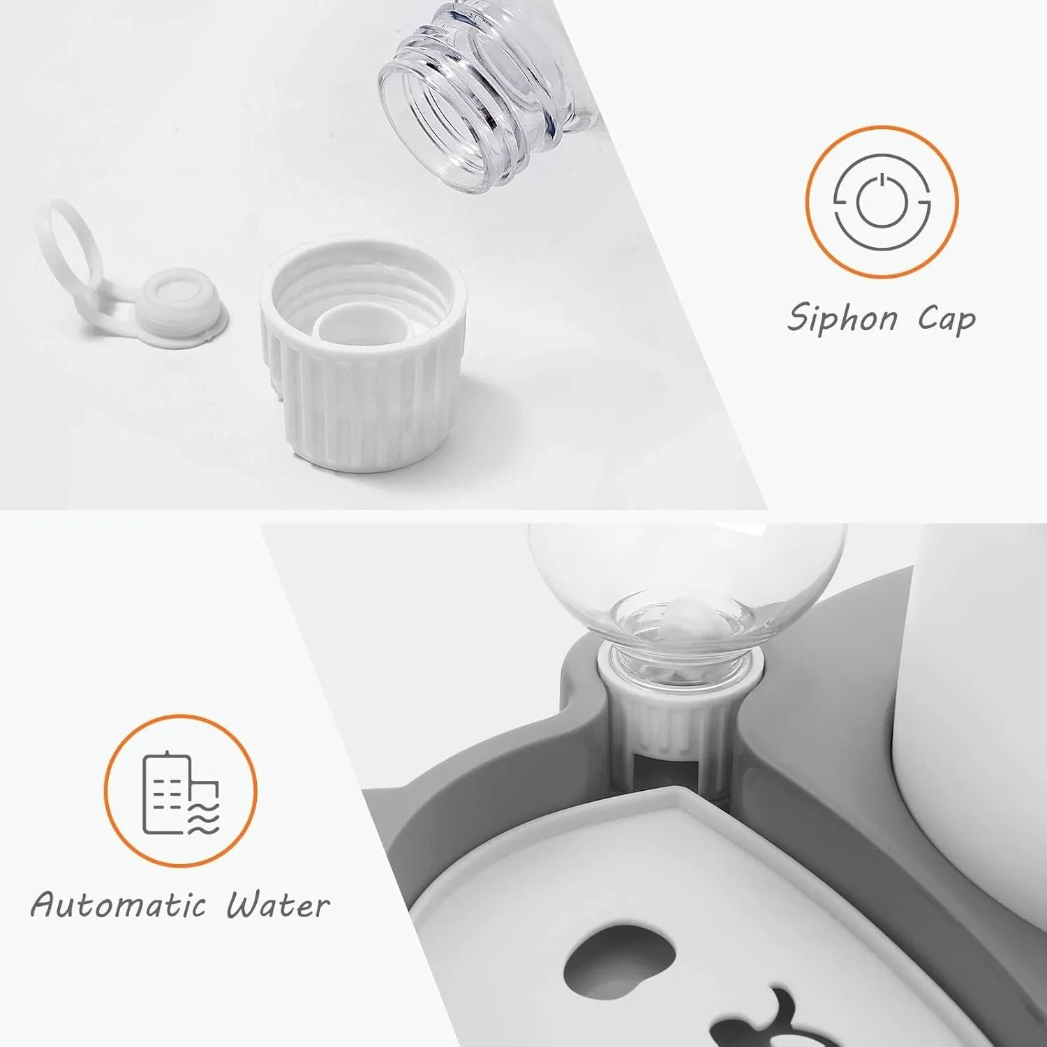 Grey panda-shaped automatic pet water dispenser and tilted food bowl set on a table.