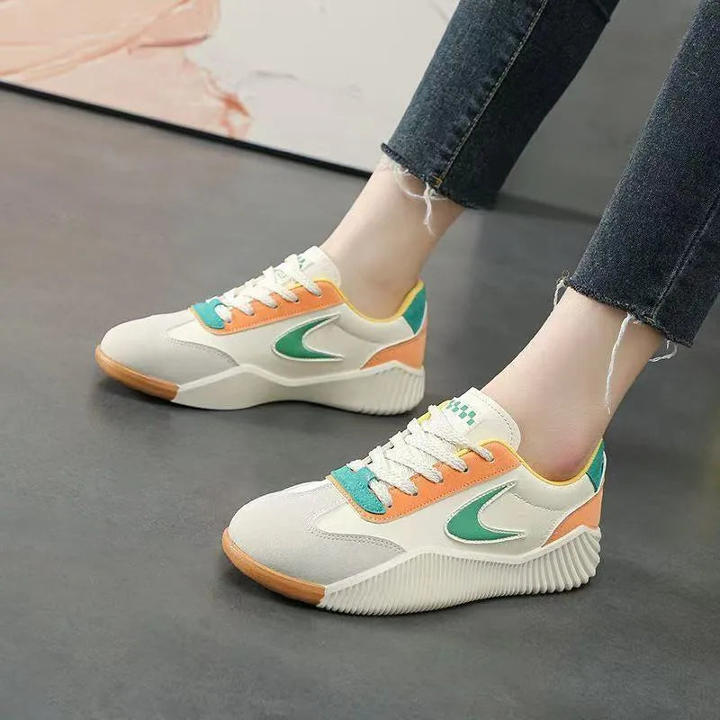 Artificial PU leather casual sneakers with flower pattern, flat heel, round toe, available in beige orange colour