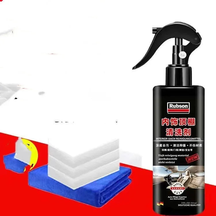 UL ultrasonic fabric roof foam decontamination cleaner bottle with towel and sponge wipes for vehicle ceilings.