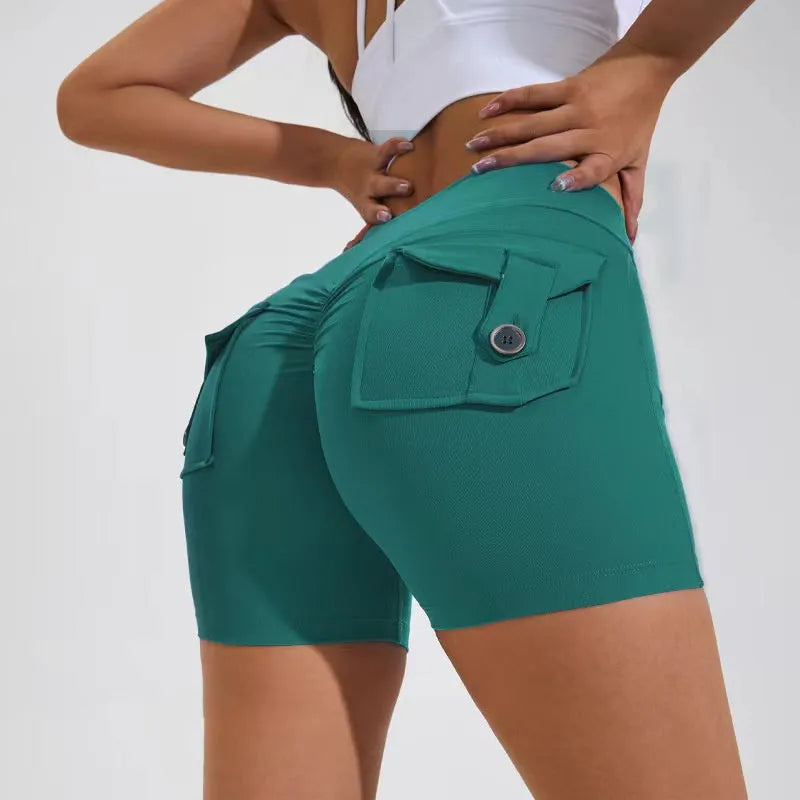 Women's high-waisted hip lifting shorts with pockets in quick-dry nylon fabric