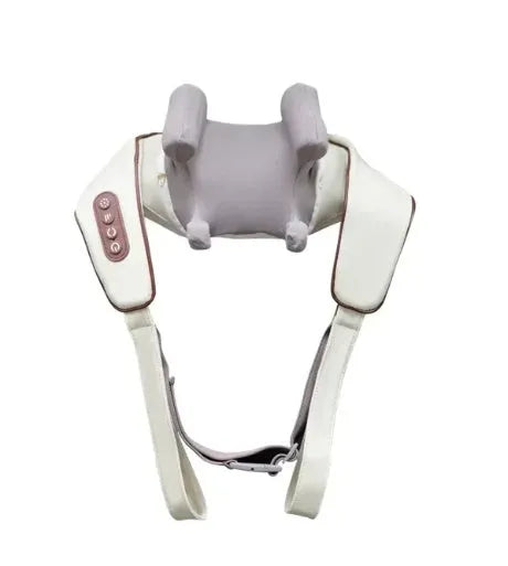 Milky white rechargeable shoulder and neck kneading massager with USB charging cable.