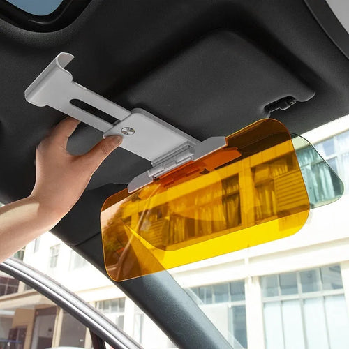 Dual-function car sun visor with anti-high beam goggles and telescopic installation system