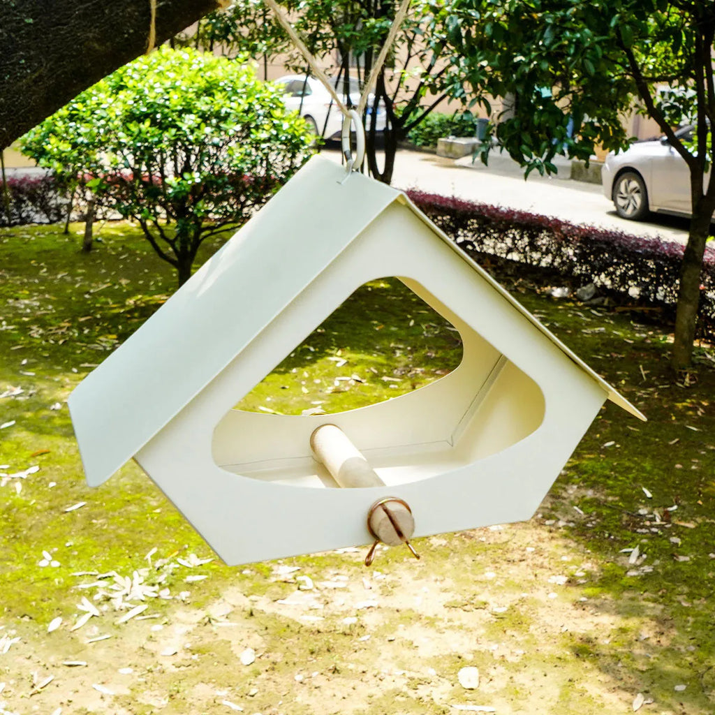 European-style iron bird nest with anti-rain roof in garden setting