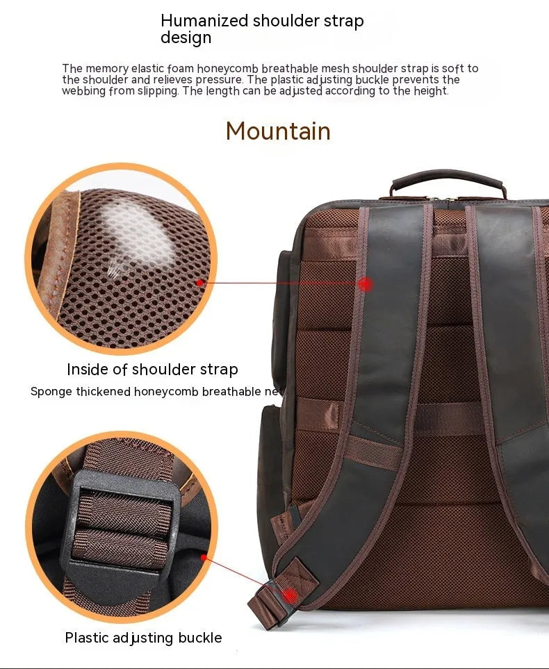 Dark brown retro crazy horse leather men's backpack open to show 17-inch laptop compartment and internal pockets.