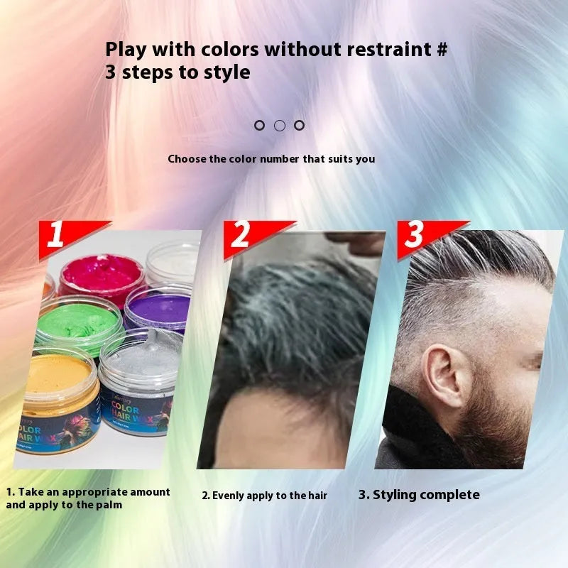 120g jar of hair styling clay showing colour options: blue, green, orange, red, white, yellow, purple, rose, granny grey.