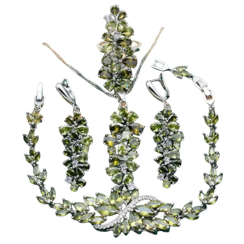 Retro alloy copper inlaid zircon jewellery set with plant and flower pattern in olive purple and colourful