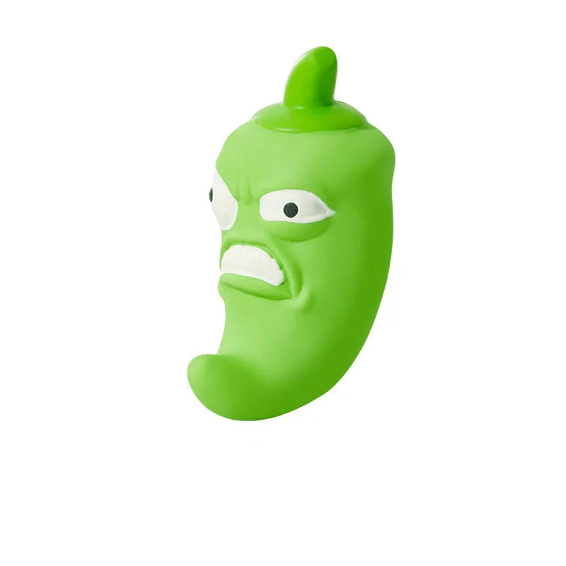 Bitter melon and chilli shaped dog toy with textured teeth cleaning surfaces and sound effects