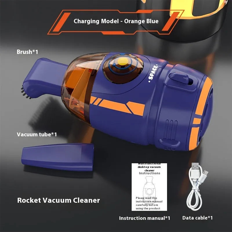 USB charging handheld desktop vacuum cleaner in multiple colour options including blue, orange, and grey white designs