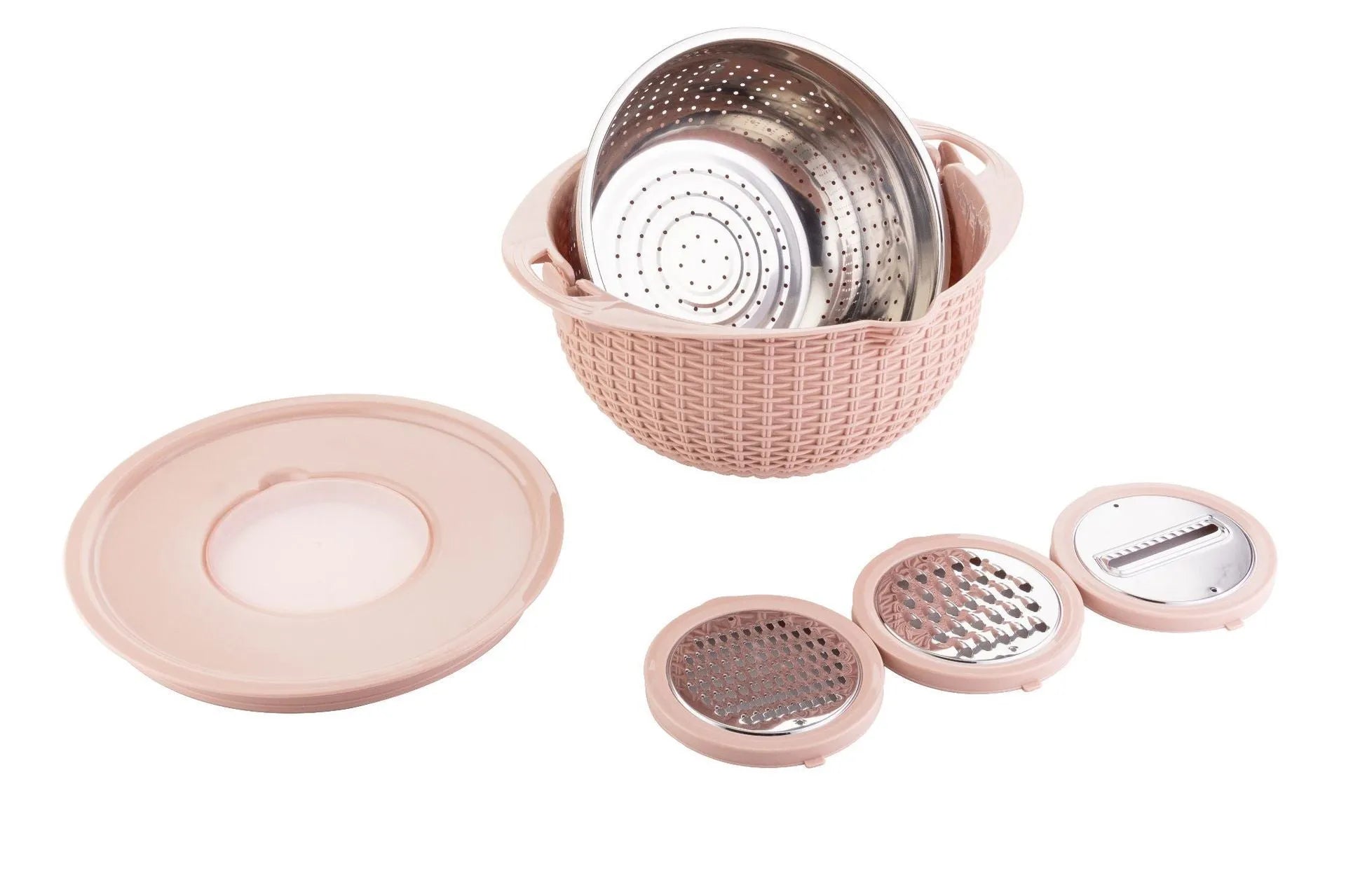 Rotatable 4-in-1 kitchen draining basket with stainless steel blades in Nordic colour on a countertop