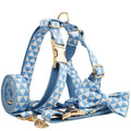 Blue triangular ring dog collar and lead set with matching vest and bow tie for pets