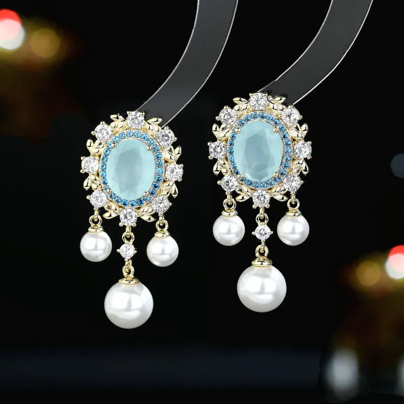 Oval geometric zircon inlaid pearl tassel earrings in light purple, pink, white or light blue colours