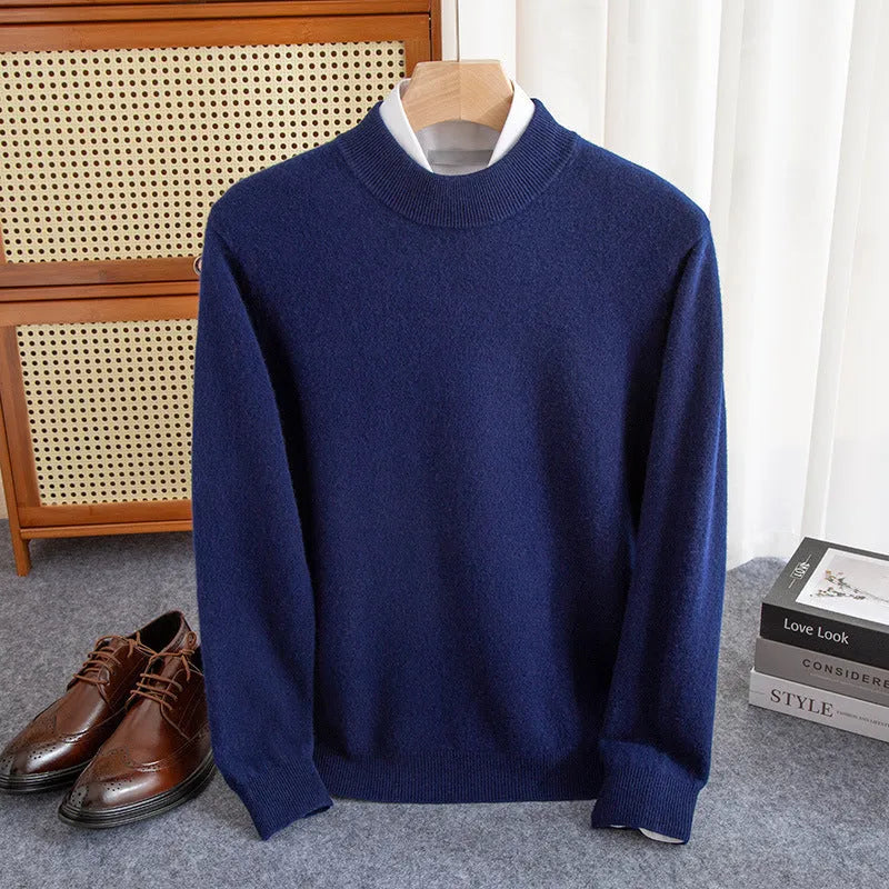 Men's half-collar wool sweater in a loose fit, shown in a choice of colours including black, brown, camel, and grey.