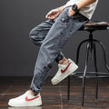 Men's loose straight-leg cargo jeans in blue with micro-elasticity cotton fabric and Korean styling