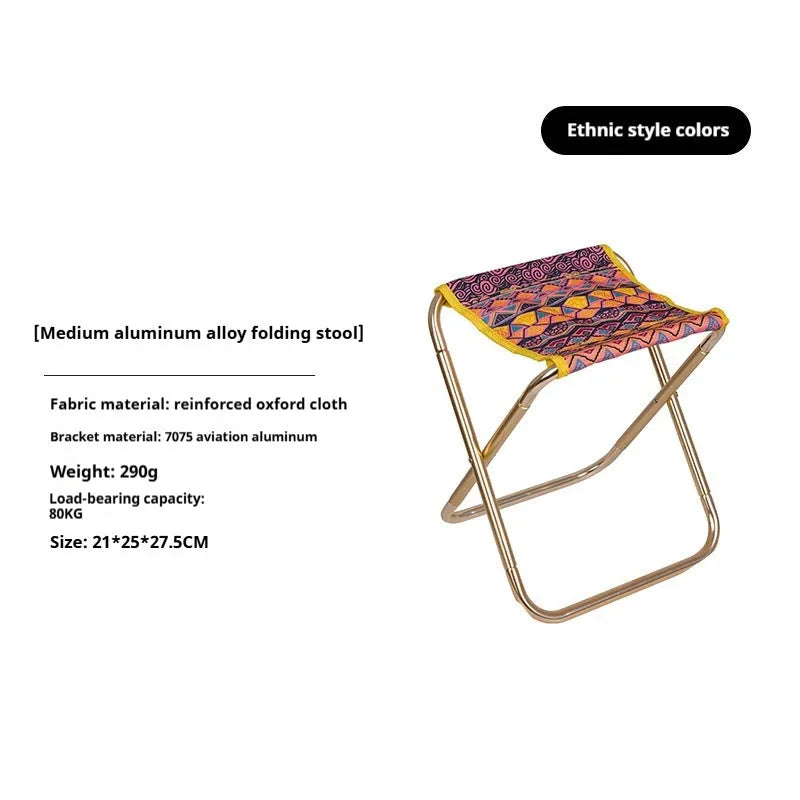 Black aluminium alloy folding stool in outdoor setting, shown in folded and unfolded positions.