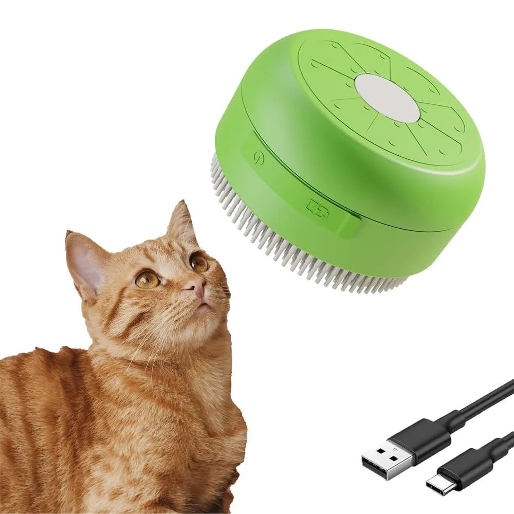 Rechargeable green and yellow silicone steam brush for grooming cats and dogs.