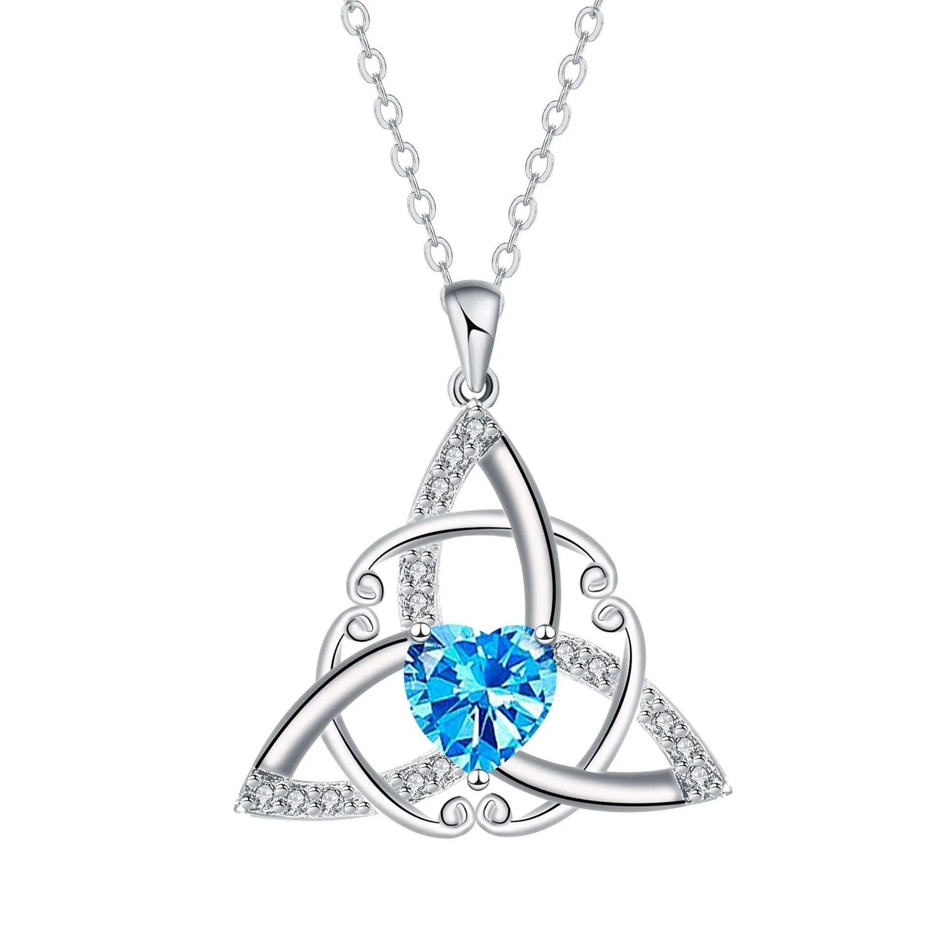 Women's Celtic knot necklace in copper with geometric pendant showing electroplated colour options