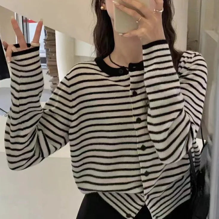 Dark grey and white striped women's viscose cardigan coat with a slim fit and short length.
