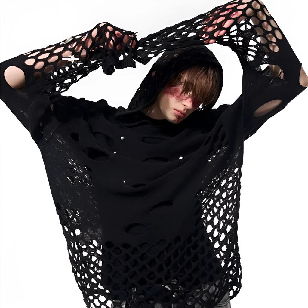 Black men's hoodie with hollow hood and pearl decoration showing loose fit