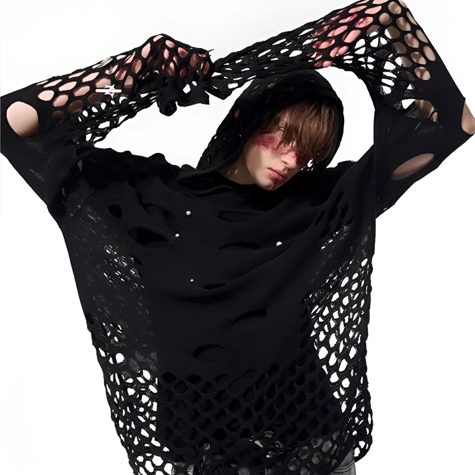 Black men's hoodie with hollow hood and pearl decoration showing loose fit