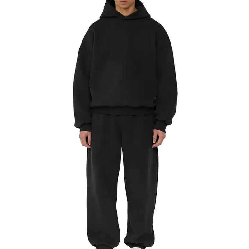 Men's solid colour fleece-lined hoodie sweater with wool lining, shown in black, blue, gray, and red.