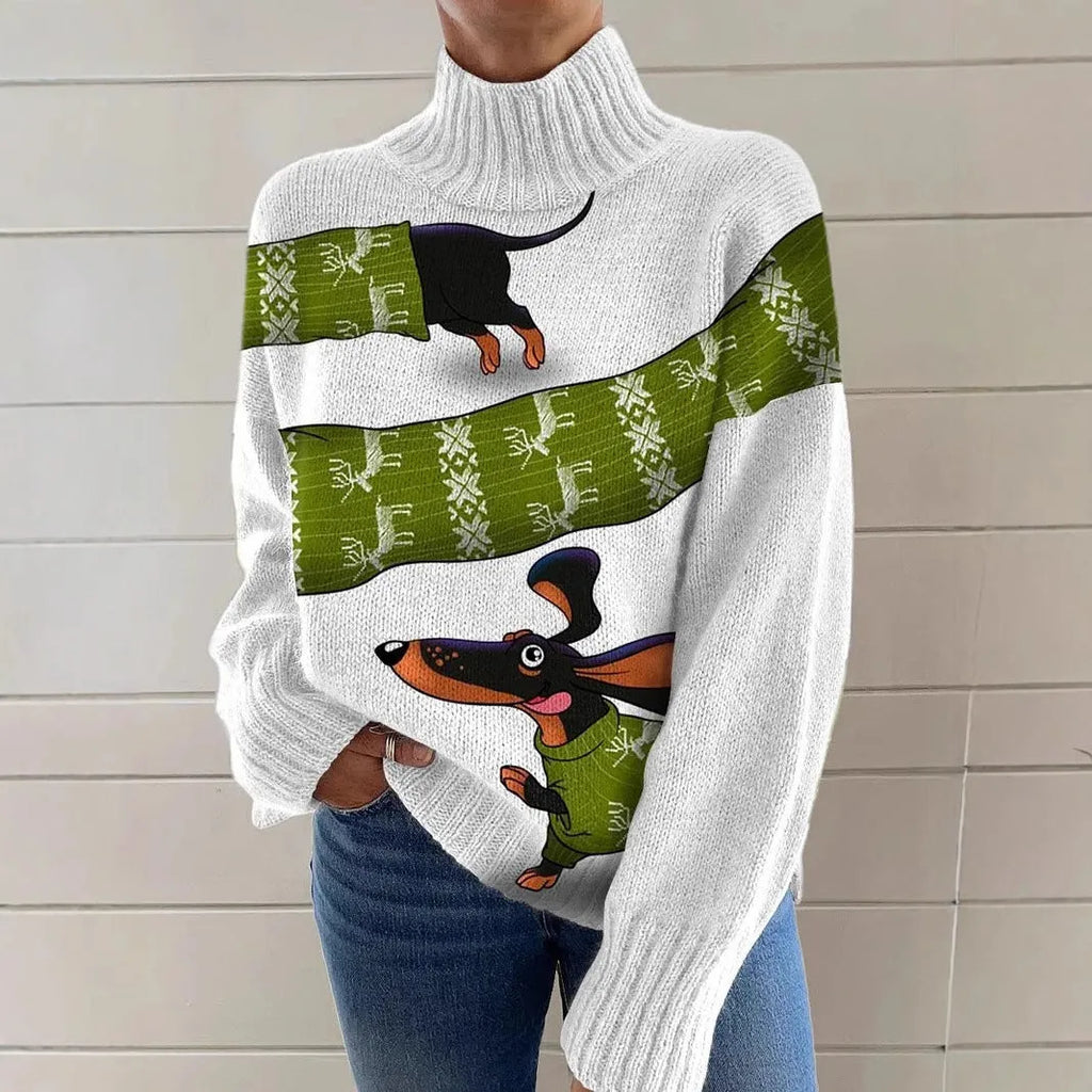 Women's loose fit Christmas printed turtleneck sweater in macaron colours with painting pattern design