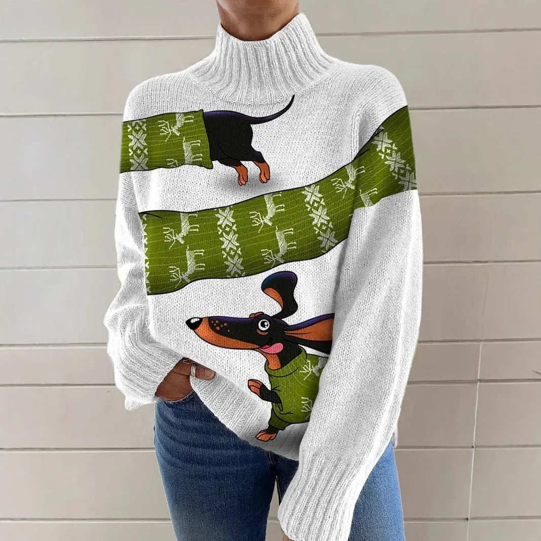 Women's loose fit Christmas printed turtleneck sweater in macaron colours with painting pattern design