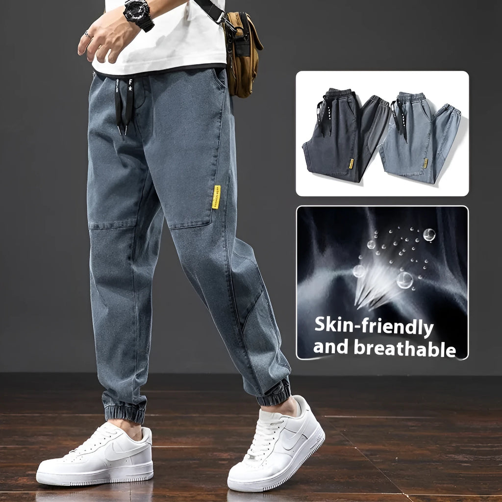 Men's loose straight-leg cargo jeans in blue with micro-elasticity cotton fabric and Korean styling