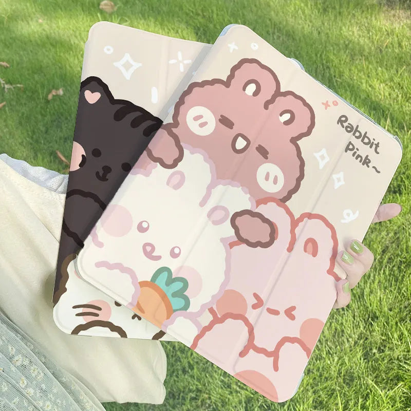Silicone iPad case with tri-fold design in cartoon rabbit style for iPad Pro and other models